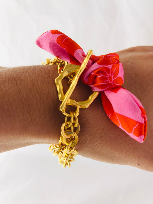 Gold Elegant Bracelet | Silk | Liberty Print Pink and Red