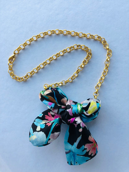 Bow Necklace | Silk Jewellery | Blue Floral Liberty Print