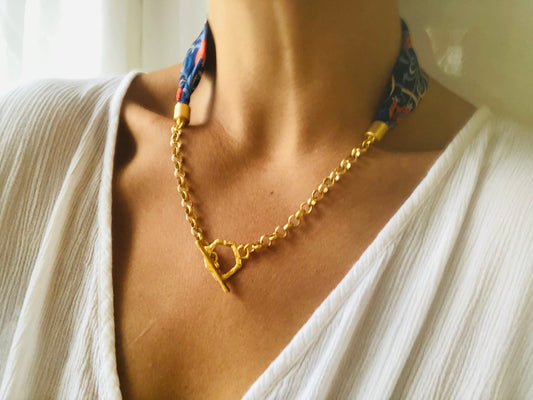 Silk Necklace | Elegant Jewellery | Blue and Orange Liberty Print