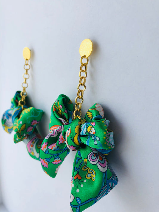 Bow Statement Earrings | Silk Jewellery | Liberty Print | Floral Green