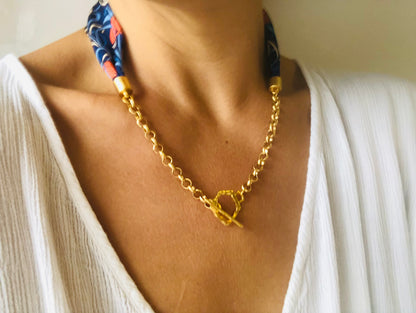 Silk Necklace | Elegant Jewellery | Blue and Orange Liberty Print