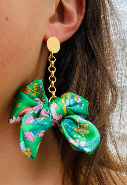 Bow Statement Earrings | Silk Jewellery | Liberty Print | Floral Green