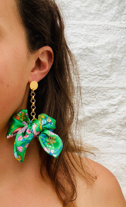 Bow Statement Earrings | Silk Jewellery | Liberty Print | Floral Green