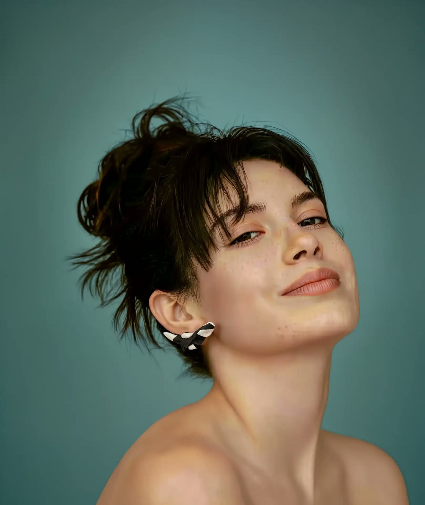 Model wearing Papillon silk knot earrings